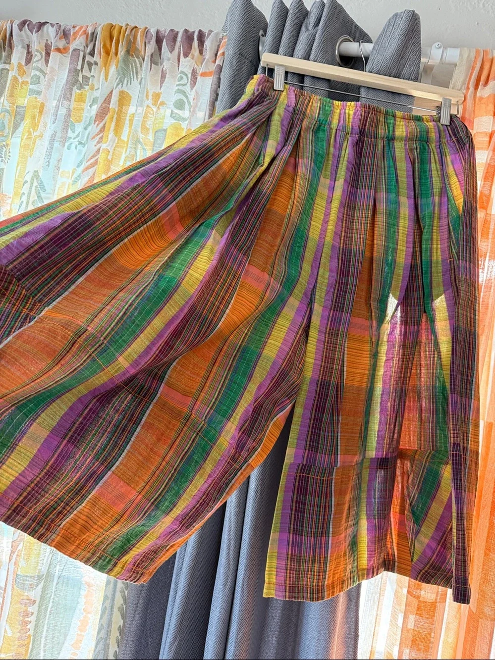 Free People Plaid Cotton Midi culottes  in Green, Purple, Orange & Yellow.